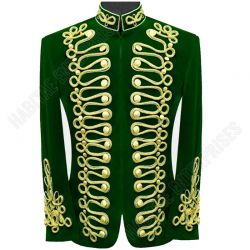 Men Green Velvet Hussat Jacket Military Gold Braided Jacket