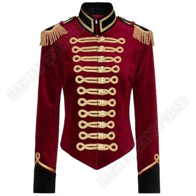 Ladies Burgundy Velvet Military Hussar Jacket With Golden Embroidery