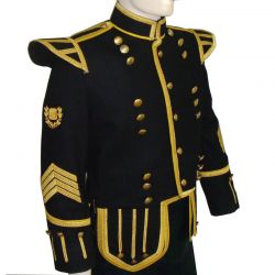 Military Doublet Black Wool Marching Bagpiper Jacket Is Decorated With Golden Laces