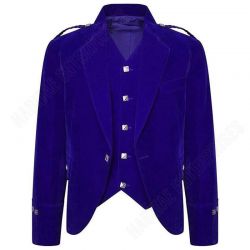 Mens Blue Velvet Scottish Highland Argyle kilt Jacket & Vest