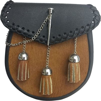 3 Tassels Brown Cowhide Fur, Leather Scottish Sporran