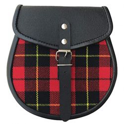 Scottish Kilt Sporran, Buckle with Red Plaid, Cowhide Real Leather